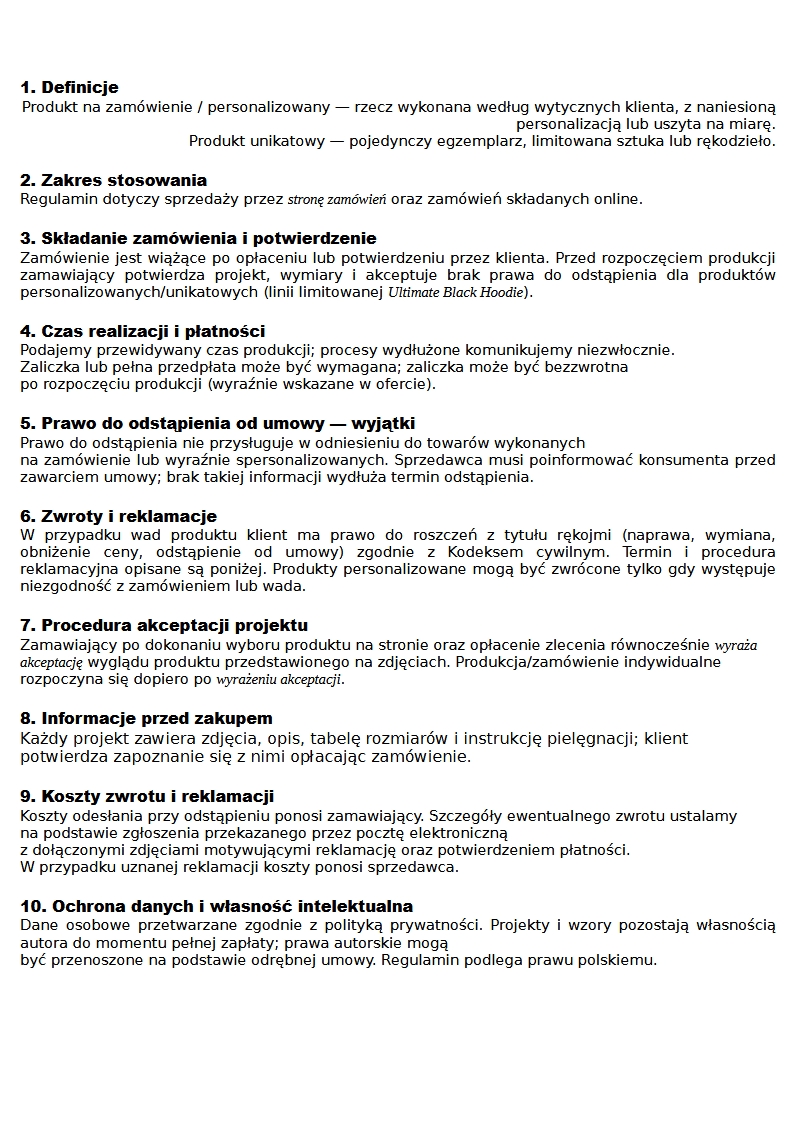 warunki realizacji zamówień, regulamin